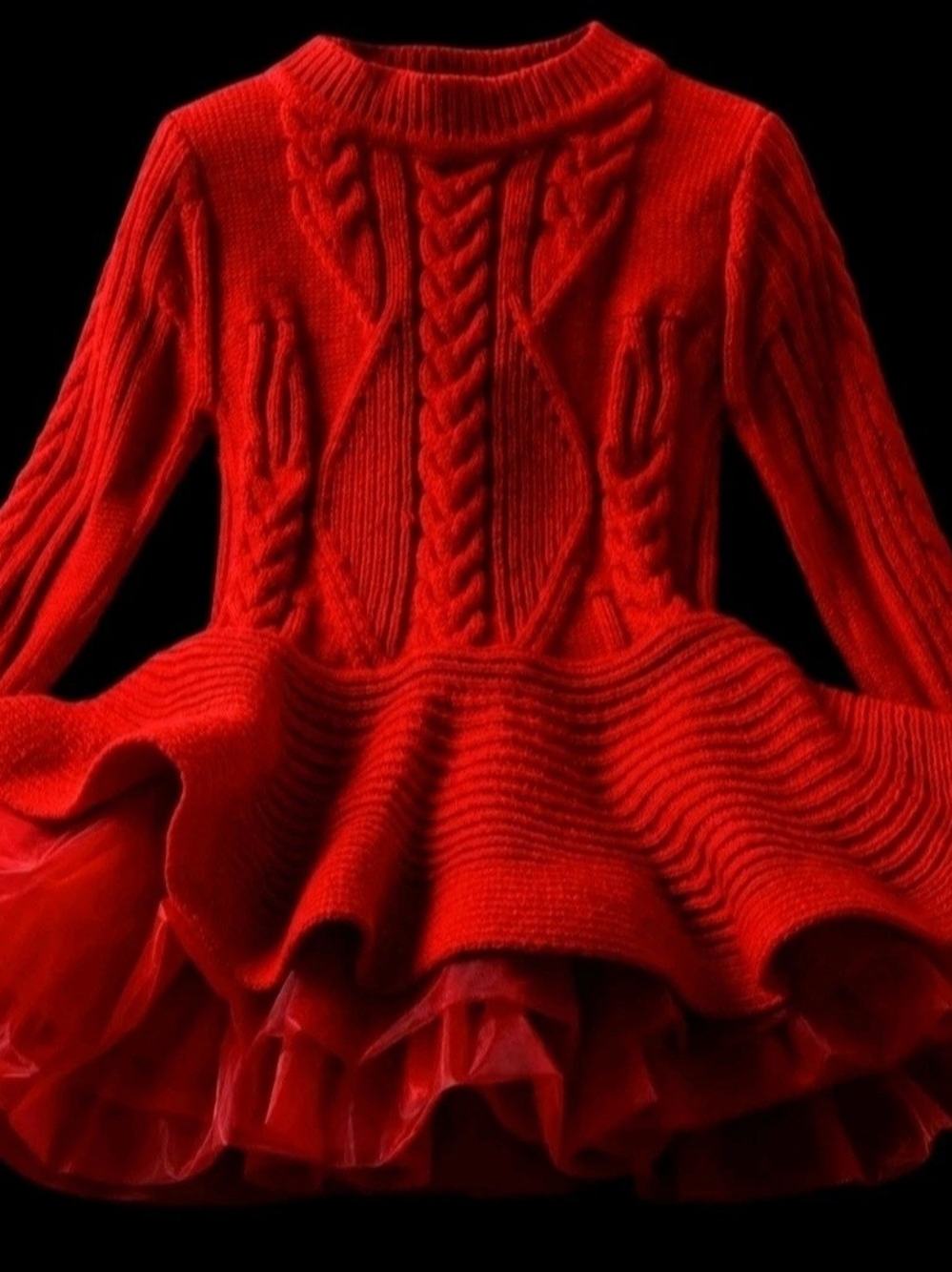 Red Sweater Knit Tulle Hem Girls' Dress 4T